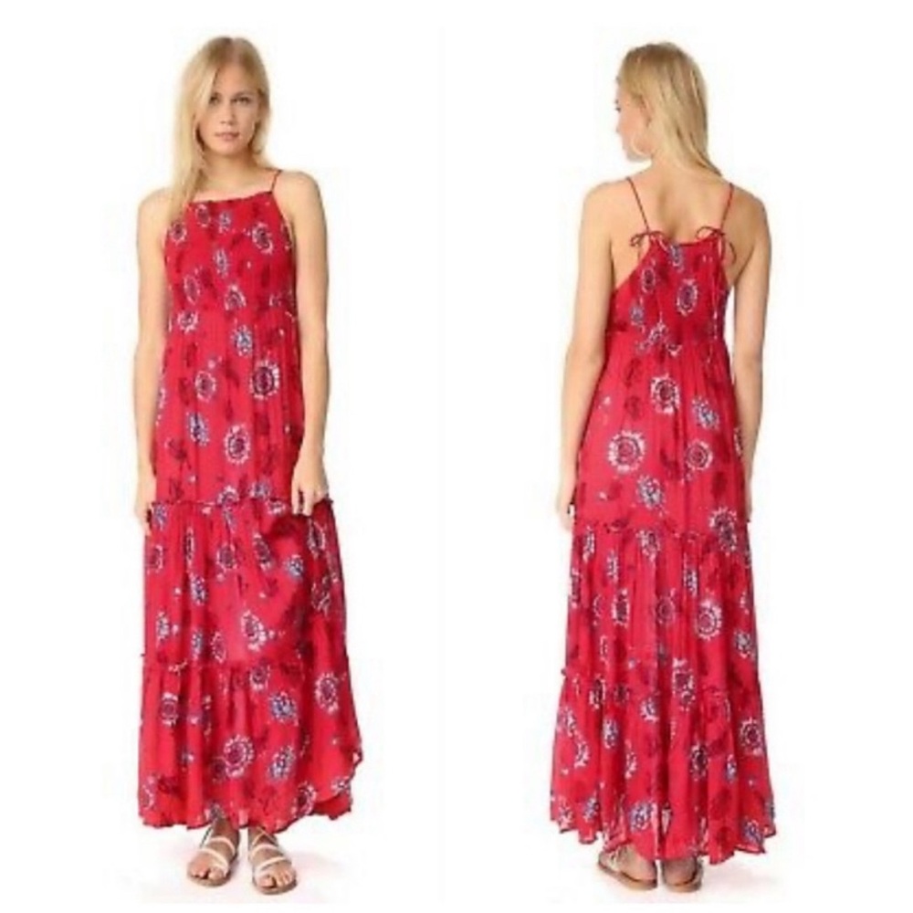 Intimately Free People Garden Party Floral Smocked Tiered Maxi Dress Boho Red M